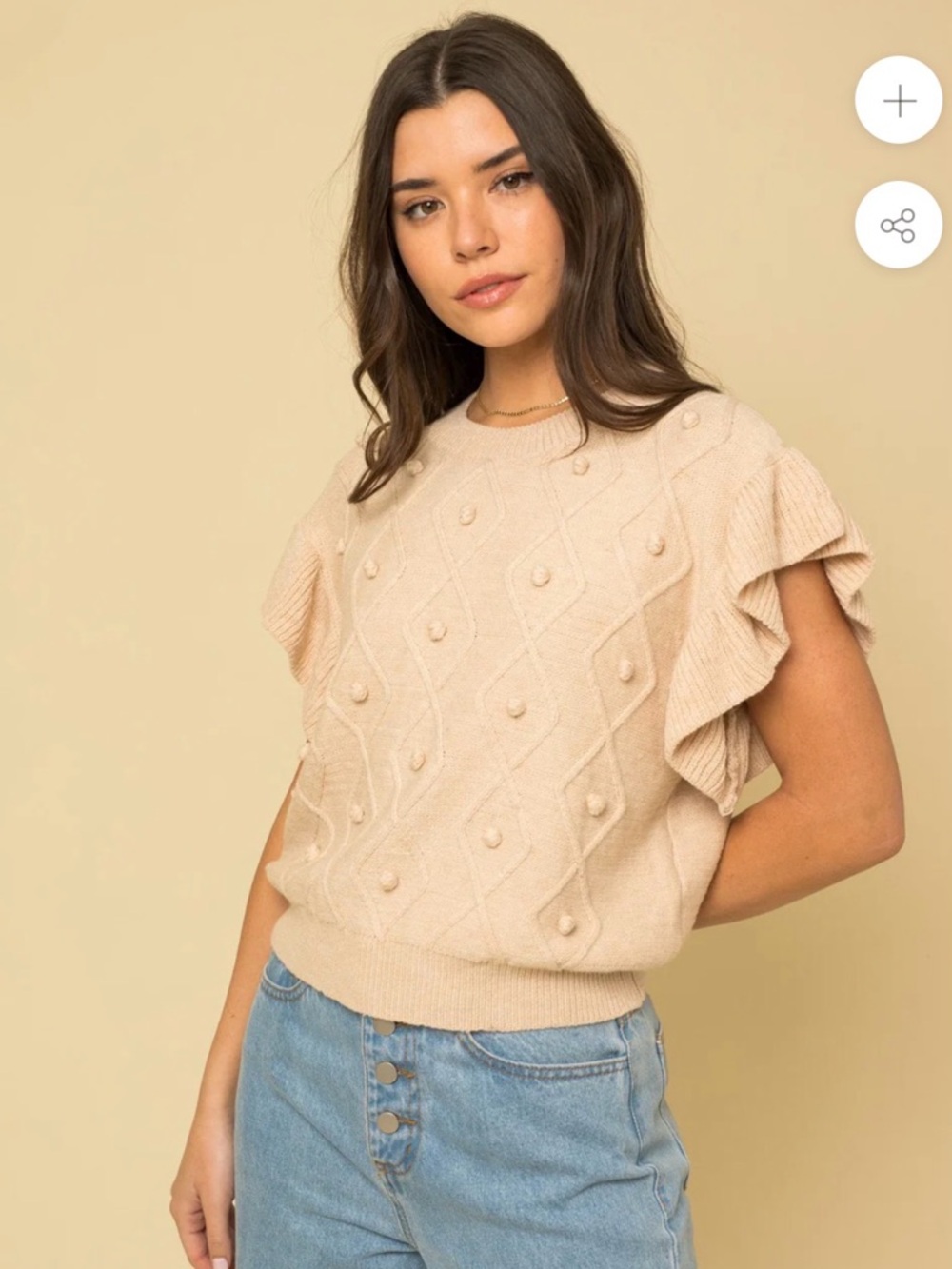 Gilli Cream Ruffle Sleeve Pom Pom Sweater Top Medium